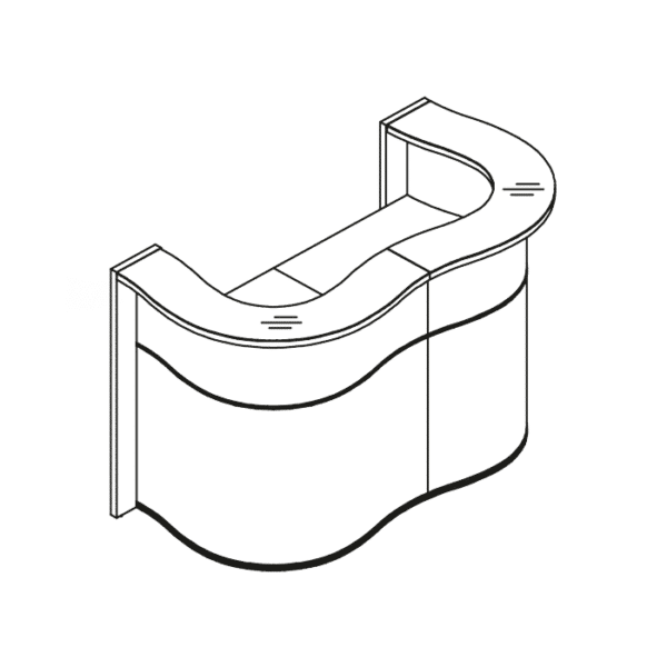 Compact office reception desk with rounded corners and curved front panels