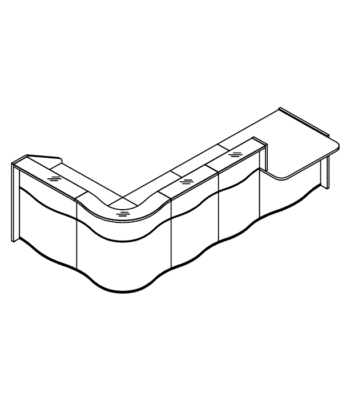 Masă de recepție birou dispusă în formă de L, prevăzută cu panouri frontale curbate și module de înălțimi diferite